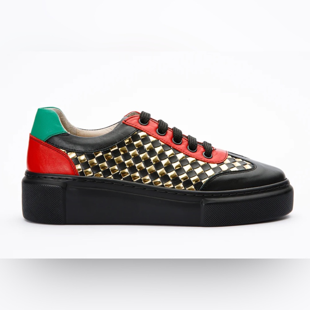 THE MESSINA BLACK & GOLD WOVEN LEATHER SNEAKER FOR WOMEN by VINCI Leather